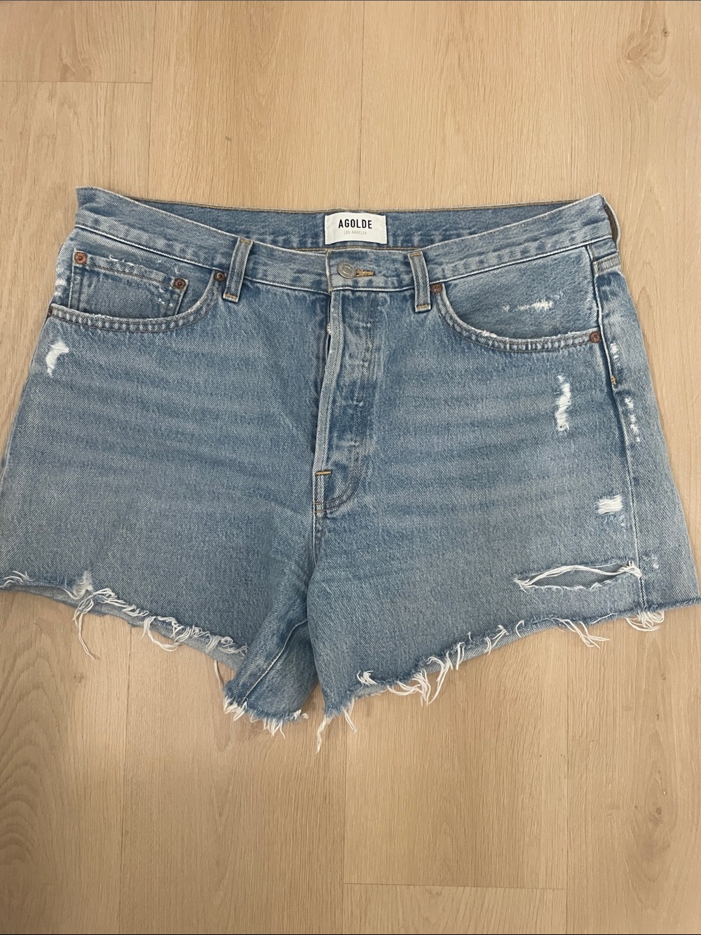 Agolde Parker Long Distressed High-Rise Denim Shorts